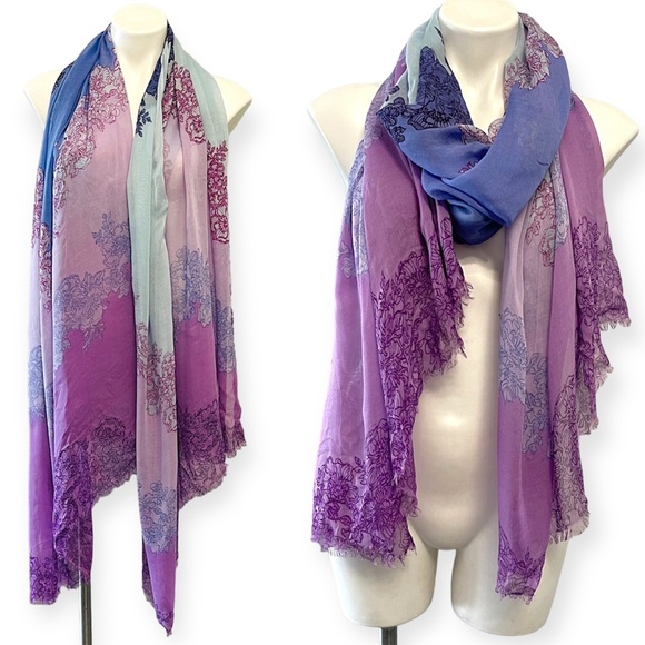 NWT NORDSTROM PURPLE REGENCY LACE PRINT SILK BLEND SCARF WRAP BEACH COVERUP O/S - Picture 3 of 12